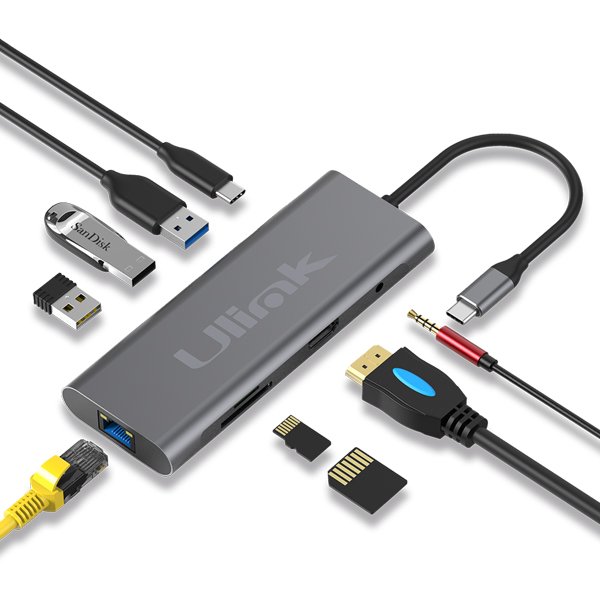 Adaptador Multipuerto Ulink UL-ADC901 9 en 1 HDMI, USB, PD, SD, TF, LAN10/100/1000, Audio